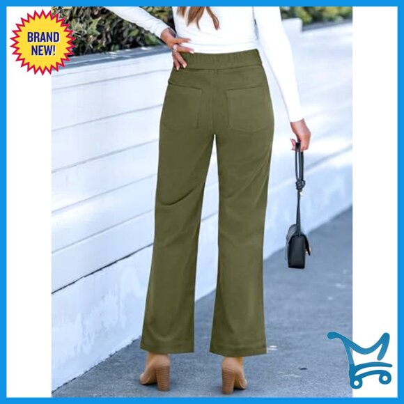 Corduroy Wide Leg Pants High Waisted Elastic Waist Work Casual Trousers - Picture 3 of 7
